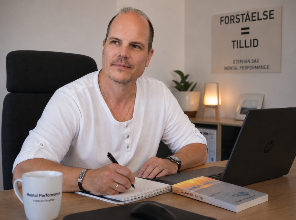 Stephan Sax arbejder med Mental Performance, lederudvikling og personlig udvikling ved sit skrivebord